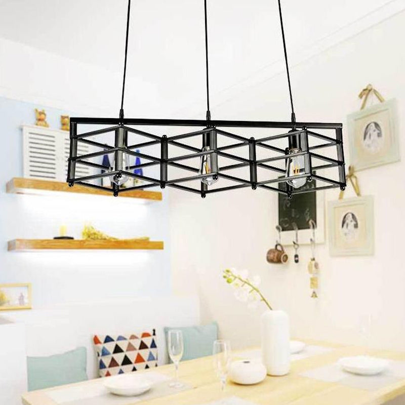 31.5/32 Industrial Metal Island Lighting - 3-Light Dining Room Pendant With Cage Shade Black