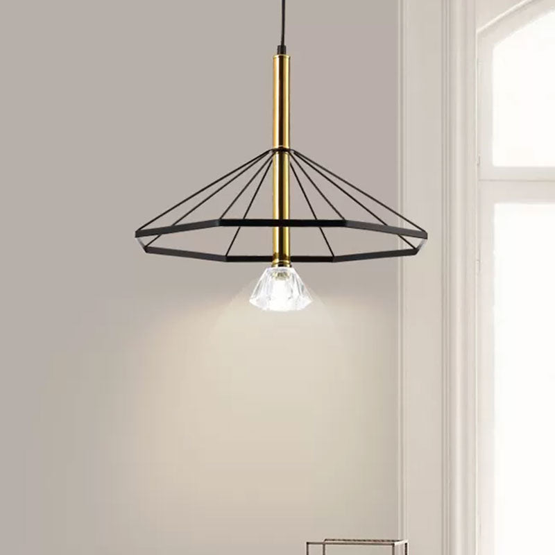 Industrial Style Pendant Lamp With Caged Metal And Clear Crystal Shade Black Finish