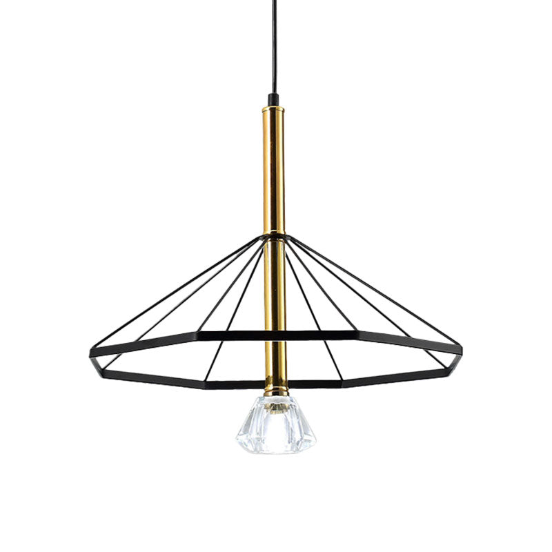 Industrial Style Pendant Lamp With Caged Metal And Clear Crystal Shade Black Finish