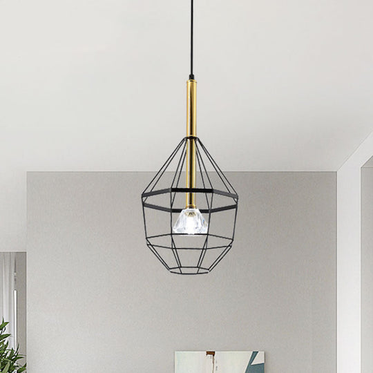 Industrial Style Pendant Lamp With Caged Metal And Clear Crystal Shade Black Finish