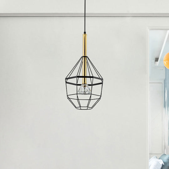 Industrial Style Pendant Lamp With Caged Metal And Clear Crystal Shade Black Finish