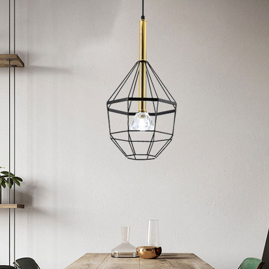 Industrial Style Pendant Lamp With Caged Metal And Clear Crystal Shade Black Finish