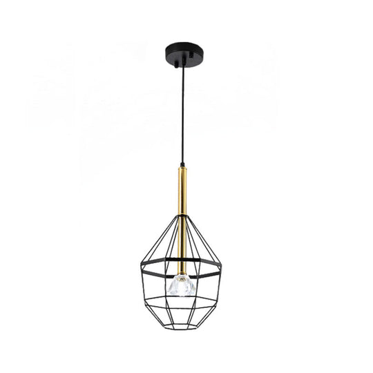 Industrial Style Pendant Lamp With Caged Metal And Clear Crystal Shade Black Finish