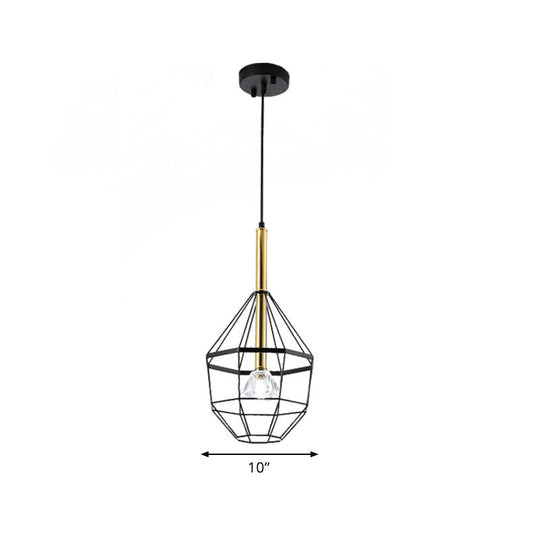 Industrial Style Pendant Lamp With Caged Metal And Clear Crystal Shade Black Finish