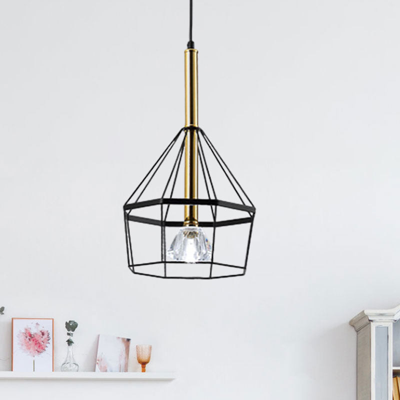 Industrial Style Pendant Lamp With Caged Metal And Clear Crystal Shade Black Finish