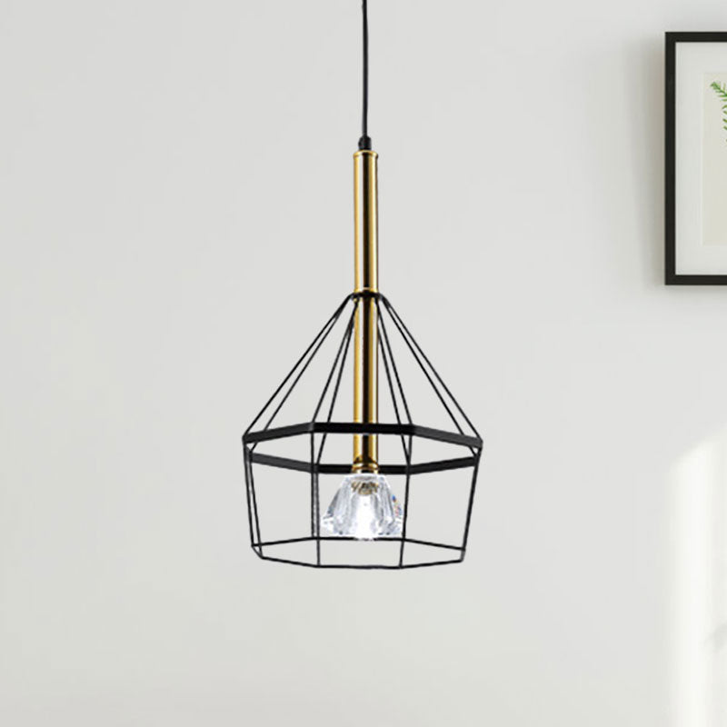 Industrial Style Pendant Lamp With Caged Metal And Clear Crystal Shade Black Finish