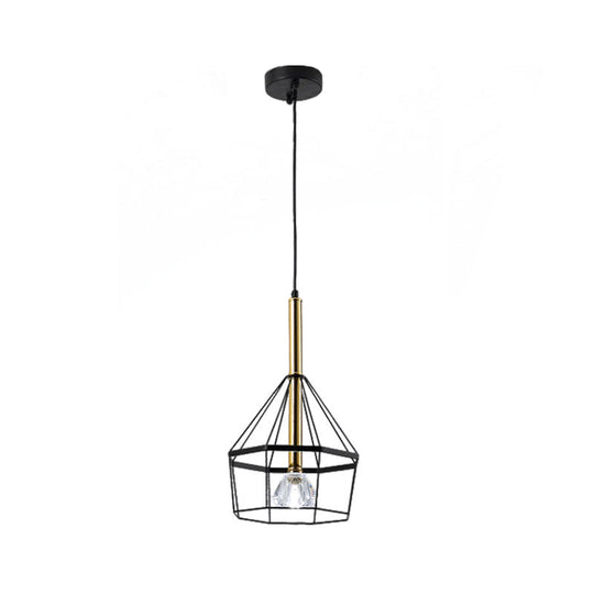 Industrial Style Pendant Lamp With Caged Metal And Clear Crystal Shade Black Finish