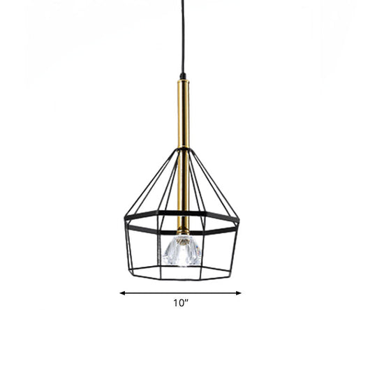 Industrial Style Pendant Lamp With Caged Metal And Clear Crystal Shade Black Finish