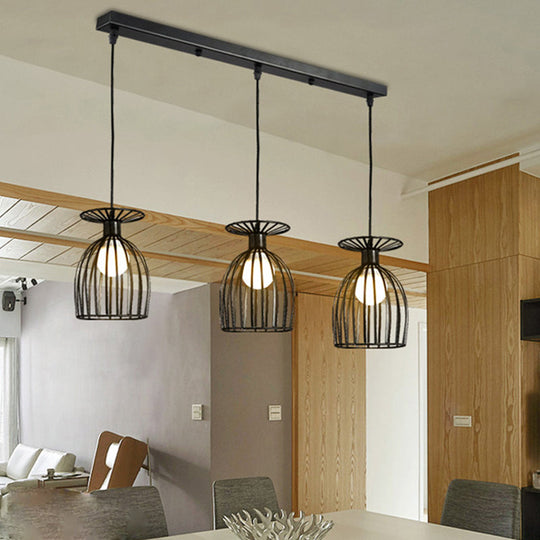 Industrial Metal Pendant Light With Wine Glass Cage Shade - 3 Lights Black/White Perfect For Dining