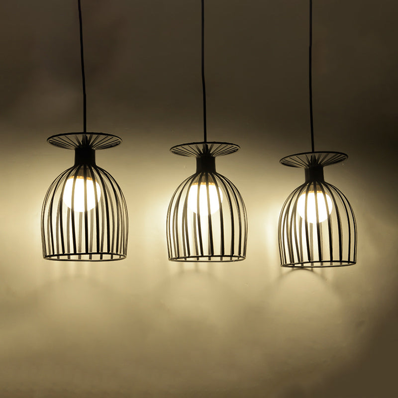 Industrial Metal Pendant Light With Wine Glass Cage Shade - 3 Lights Black/White Perfect For Dining