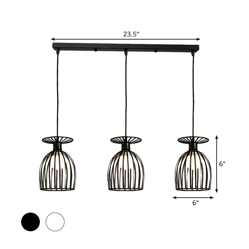 Cage Shade Pendant Light Fixture - Wine Glass & Metal Industrial Ceiling Light for Dining Room (Black/White, 3 Lights)