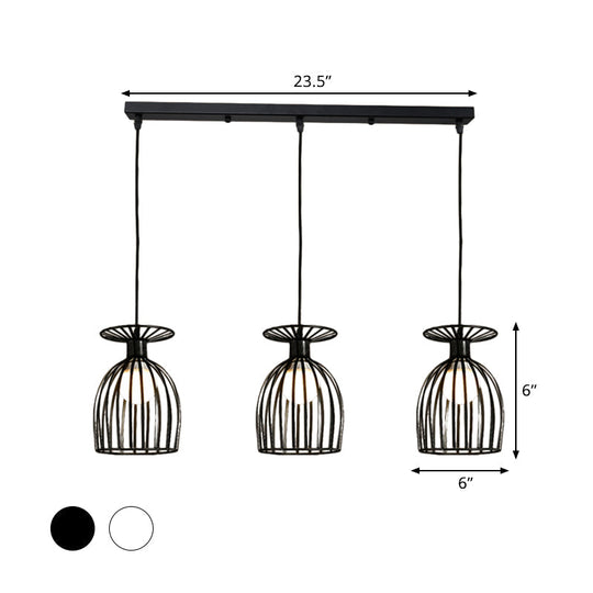 Cage Shade Pendant Light Fixture - Wine Glass & Metal Industrial Ceiling Light for Dining Room (Black/White, 3 Lights)