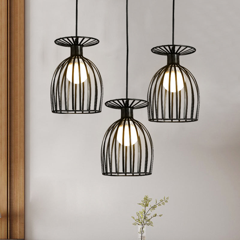 Industrial Metal Pendant Light With Wine Glass Cage Shade - 3 Lights Black/White Perfect For Dining