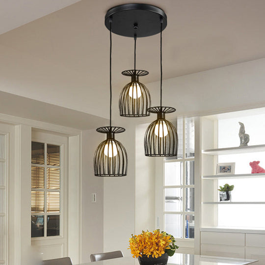 Industrial Metal Pendant Light With Wine Glass Cage Shade - 3 Lights Black/White Perfect For Dining