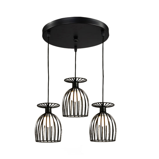 Cage Shade Pendant Light Fixture - Wine Glass & Metal Industrial Ceiling Light for Dining Room (Black/White, 3 Lights)