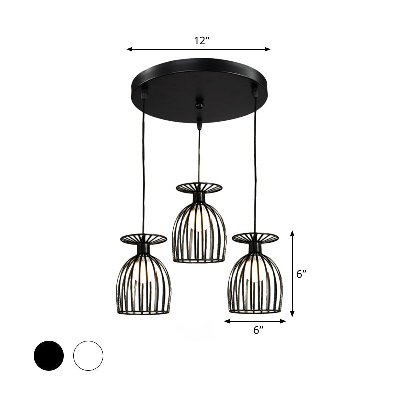 Cage Shade Pendant Light Fixture - Wine Glass & Metal Industrial Ceiling Light for Dining Room (Black/White, 3 Lights)