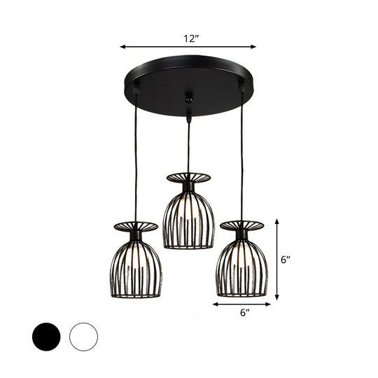 Industrial Metal Pendant Light With Wine Glass Cage Shade - 3 Lights Black/White Perfect For Dining