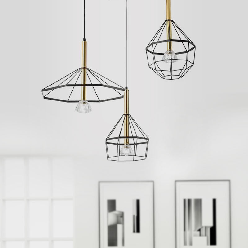 Industrial Wire Cage Pendant Ceiling Light With 3 Different Shade Lights - Black Metal Hanging