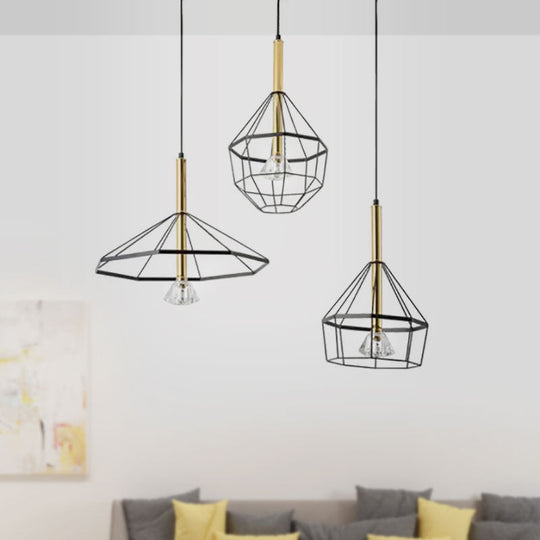 Industrial Wire Cage Pendant Ceiling Light With 3 Different Shade Lights - Black Metal Hanging