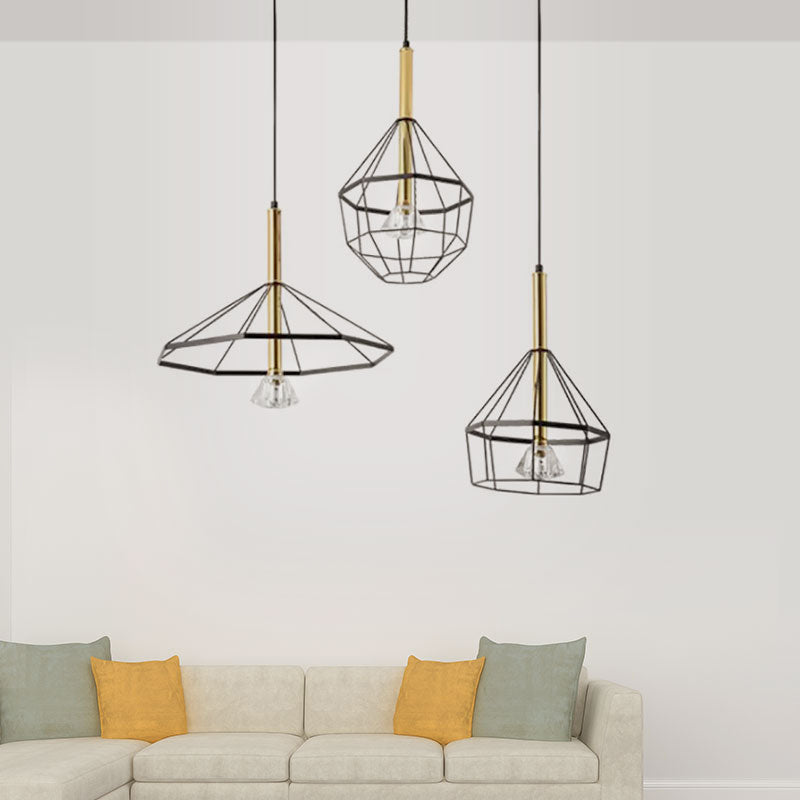 Industrial Wire Cage Pendant Ceiling Light With 3 Different Shade Lights - Black Metal Hanging