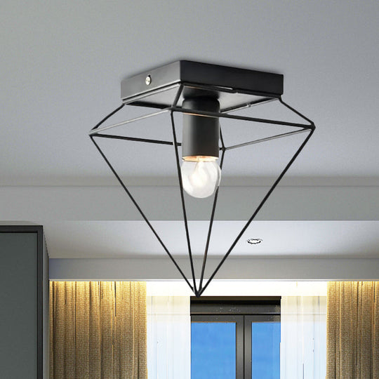 Stylish 1-Light Diamond Cage Flush Mount Ceiling Light - Black/White Metallic Ceiling Lamp for Study Room