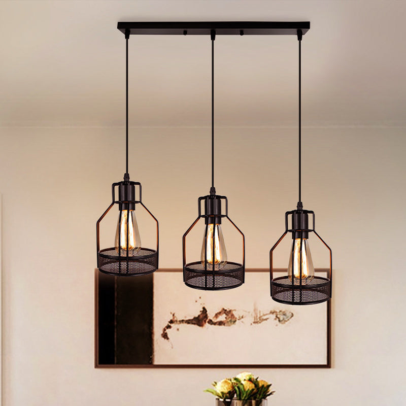 Industrial Style Metallic Black Wire Cage Pendant Light With 3 Heads - Perfect For Foyer Suspension