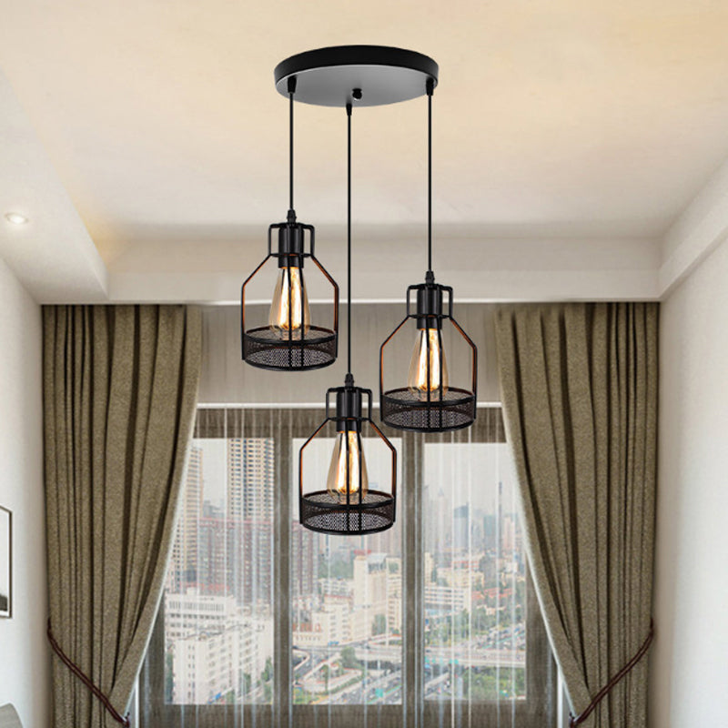 Industrial Style Metallic Black Wire Cage Pendant Light With 3 Heads - Perfect For Foyer Suspension