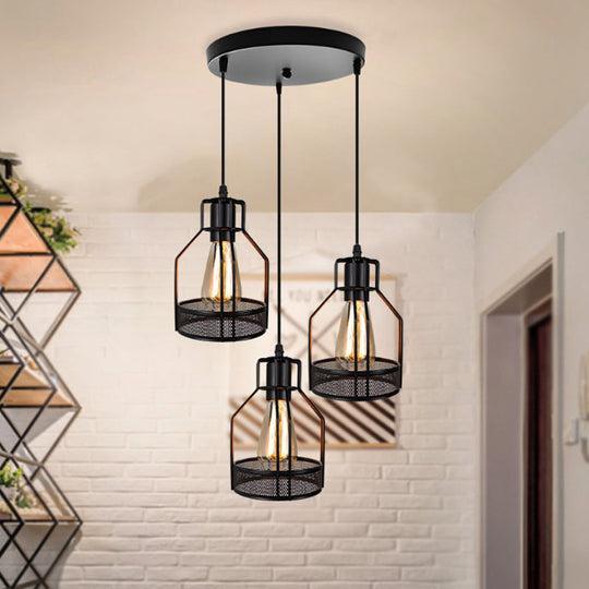 Industrial Style Metallic Black Wire Cage Pendant Light With 3 Heads - Perfect For Foyer Suspension