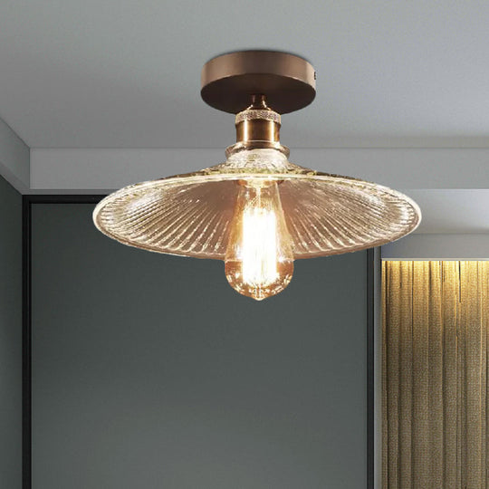 Industrial Mercury Glass Flared Semi Flush Light with Brass Ceiling Mount