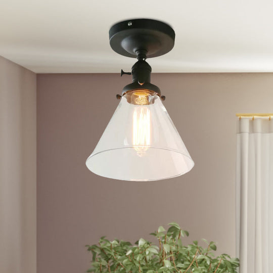 Industrial Black Ceiling Lighting: Semi Flush Light with Clear Glass Cone Shade for Living Room