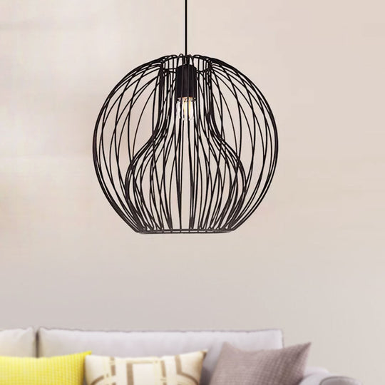 Retro Style Metal Hanging Lamp - Black/White Pendant Light For Dining Room With Cage Shade