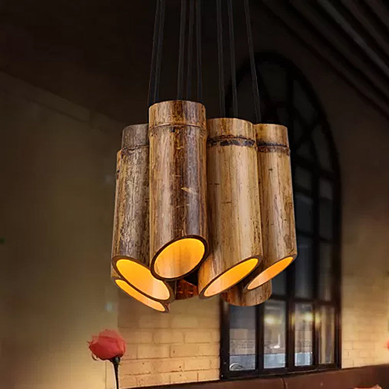 Bamboo Hanging Lamp Antique Tube Suspension Light - 8 Lights, Beige - Ideal for Bistro Restaurant