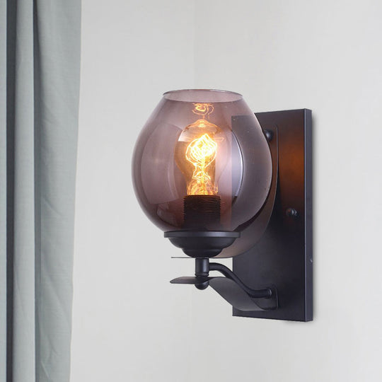 Industrial Black Wall Sconce With Grey Glass Orb Shade - Coffee Shop Light Fixture