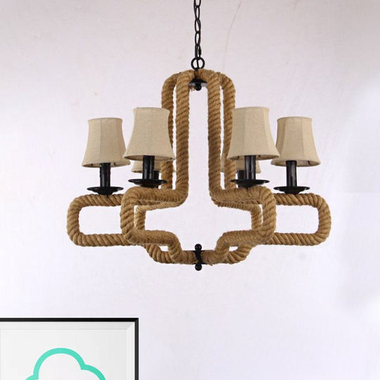 Loft Style 6-Head Brown Chandelier Light With Fabric Bell Shades And Rope Detail - Ideal For