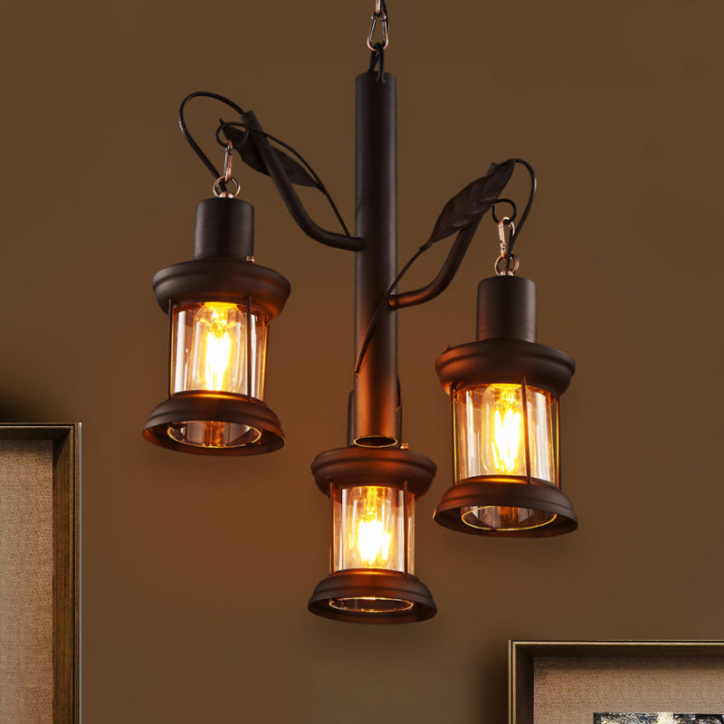 Coastal Black Lantern Chandelier With Clear Glass Pendant And 3 Lights - Ceiling Fixture