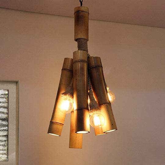 Industrial Beige Wood Tube Hanging Lamp With Three Lights For Restaurant And Bedroom