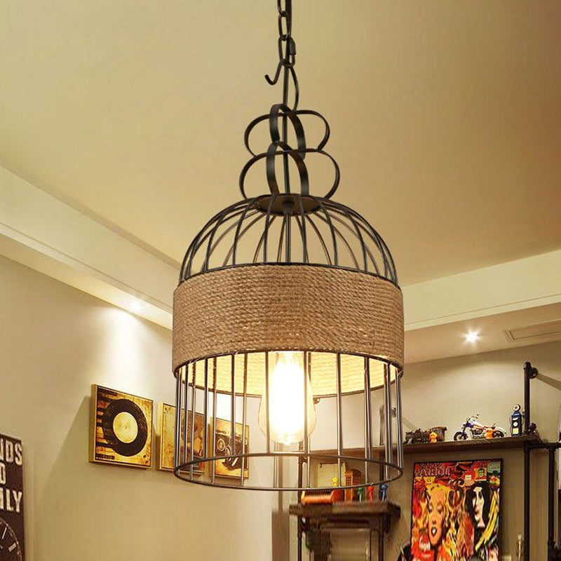 Restaurant Hanging Lamp: Industrial Bird Cage Style - Metal & Rope Black Finish