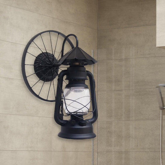 Antique Stylish Black/Bronze Finish Lantern Wall Sconce Light Wrought Iron Mounted Lamp With Wheel