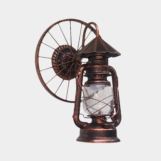 Antique Stylish Black/Bronze Finish Lantern Wall Sconce Light Wrought Iron Mounted Lamp With Wheel