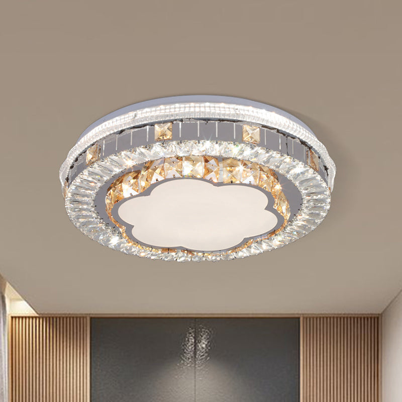 Modern White Crystal Flush Mount Ceiling Light with LED and Trellis/Flower Cut Design