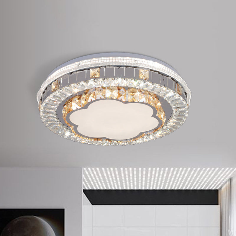 Modern White Crystal Flush Mount Ceiling Light with LED and Trellis/Flower Cut Design