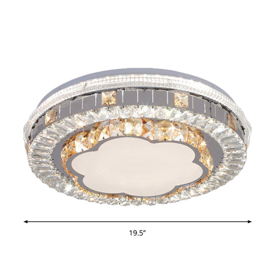 Modern White Crystal Flush Mount Ceiling Light With Led And Trellis/Flower Cut Design