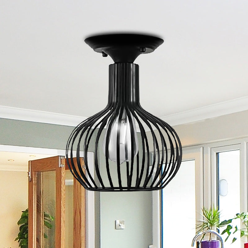 Retro Loft Globe/Pear Cage Ceiling Fixture - Metallic Semi-Flush Mount Light in Black for Hallway