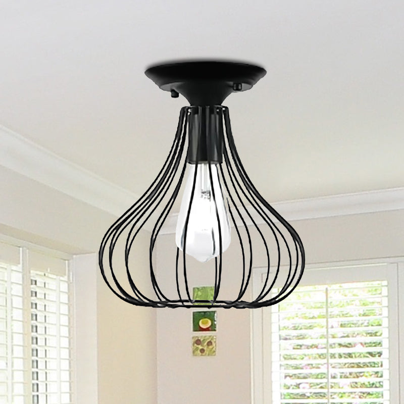 Retro Loft Globe/Pear Cage Ceiling Fixture - Metallic Semi-Flush Mount Light in Black for Hallway