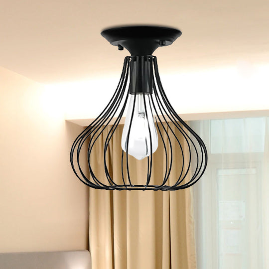 Retro Loft Globe/Pear Cage Ceiling Fixture - Metallic Semi-Flush Mount Light in Black for Hallway