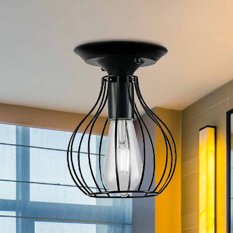 Industrial Stylish Black Iron Ceiling Lamp - Oval/Bell Cage Design, 1 Head Semi Flush Pendant Light for Corridor