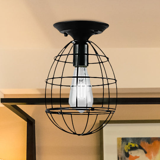 Industrial Stylish Black Iron Ceiling Lamp - Oval/Bell Cage Design, 1 Head Semi Flush Pendant Light for Corridor