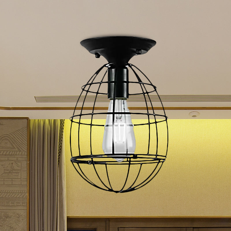 Industrial Stylish Black Iron Ceiling Lamp - Oval/Bell Cage Design, 1 Head Semi Flush Pendant Light for Corridor