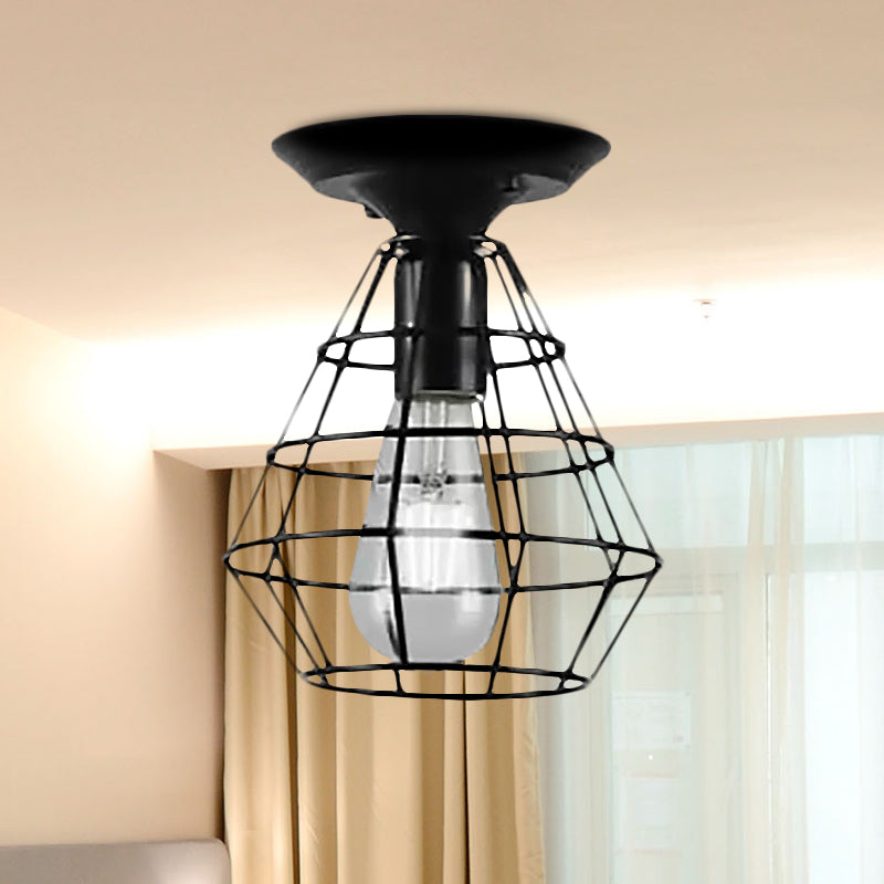 Industrial Stylish Black Iron Ceiling Lamp - Oval/Bell Cage Design, 1 Head Semi Flush Pendant Light for Corridor