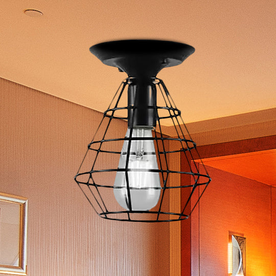 Industrial Stylish Black Iron Ceiling Lamp - Oval/Bell Cage Design, 1 Head Semi Flush Pendant Light for Corridor